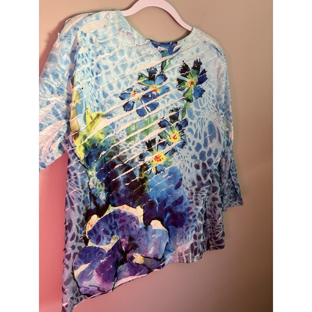 Jess & Jane XL Blue Floral Knit Tunic Top Ruffle 3/4 Sleeve Stretch Artsy Boho - Picture 7 of 10